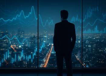 Business leader viewing city skyline with digital data overlays.